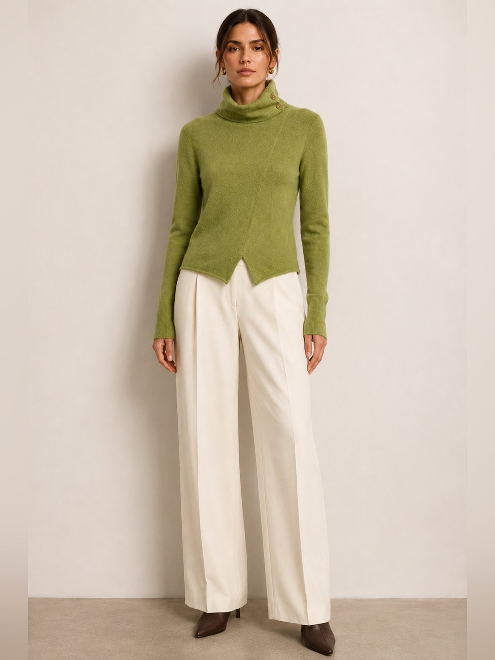 Thalian Vintage 100% Cashmere Olive chartreuse Asymmetric Sweater S
